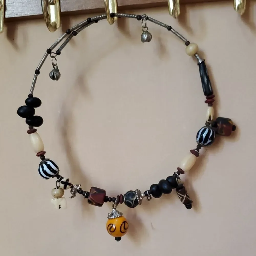 Bohemian Beaded Necklace Choker with Orange and Black Accents Tribal Aztec